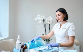 Kobieta przygotowująca narzędzia w klinice medycyny estetycznej.