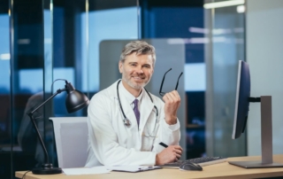 Urolog siedzi przy biurku i trzyma okulary, uśmiechając się do pacjenta.