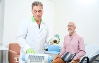 Urolog leczy kamicę nerkową: diagnostyka USG, badania krwi i moczu, czasem TK; leczenie nawodnienie i leki lub URS, ESWL, PCNL.